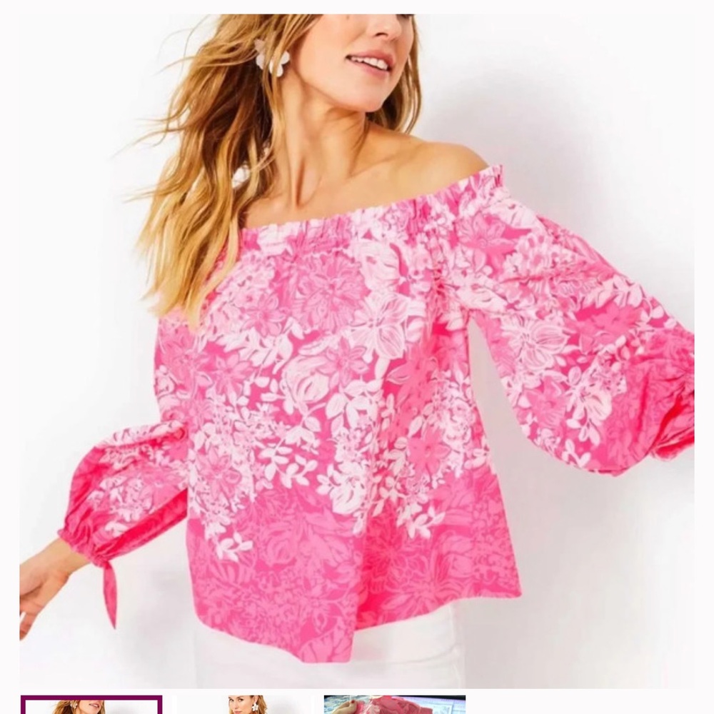 Lilly Pulitzer Jamielynn Roxie Pink Floral Off-Shoulder Blouse with tie sleeves - Picture 2 of 4